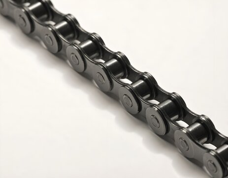 Close-up of a metallic roller chain link segment for mechanical industrial power