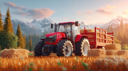 Naklejka premium Red tractor with trailer loaded with hay bales in golden wheat field at sunrise