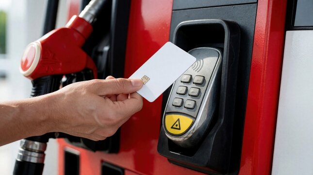 Person taps blank credit card on contactless reader at gas pump. Man pays for fuel using modern payment system at petrol station, easy transaction.