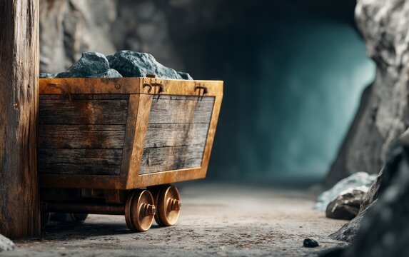 Old wooden cart filled with black coal inside dark rustic underground mine tunnel