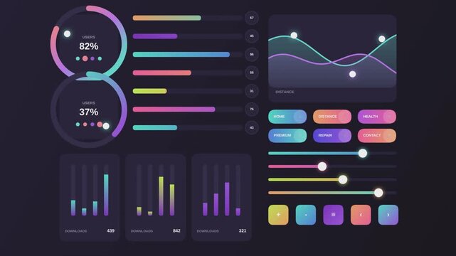 Futuristic data dashboard with neon UI elements, colorful infographic charts and graphs, dark mode digital interface for analytics