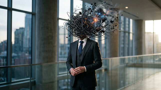 Business Man With Exploding Technologic Head Concept