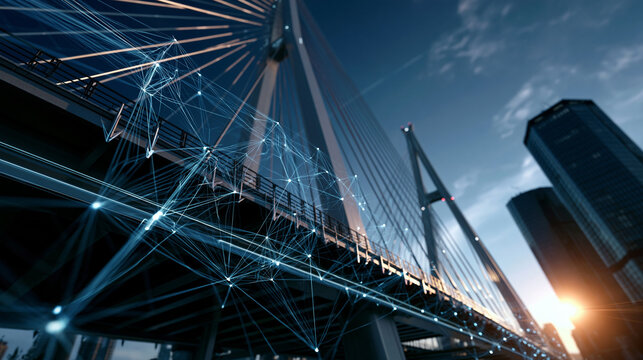 Bright composition of a cable stayed bridge seen from below against a clear blue sky with a translucent overlay of clean structural analysis vectors and load arrows along the deck