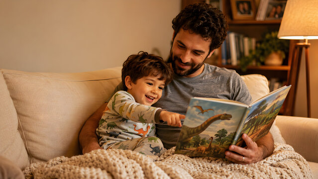 Loving father and excited toddler boy in dinosaur pajamas reading picture book together on cozy sofa at home in warm evening light, bedtime story and family bonding concept