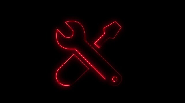 glowing neon red color setting animation icon circle animated on black background.  Technology setting icon concept. Repair service icon