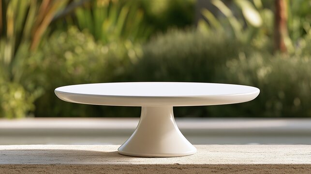 Minimalist White Cake Stand Outdoors on a Stone Ledge with Blurry Green Foliage Background Under Natural Sunlight for Events or Food Display Product Photography