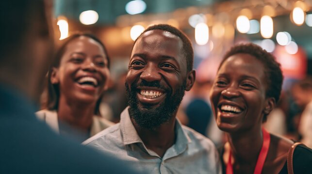 Businesspeople laugh together at a trade show, capturing a warm first impression, relaxed mood, and natural human connection.