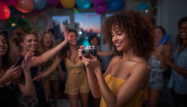 Smiling Woman Photographing Diverse Friends Dancing at a Lively House Party, Joyful Celebration with Colorful Lights, Balloons and Cozy Evening Atmosphere