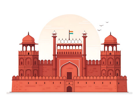 Red Fort, majestic Mughal fortress with domes and defensive walls, premium flat vector illustration, clean minimal geometry