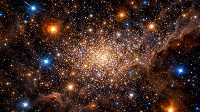 Glowing golden star cluster surrounded by countless stars in deep space, cinematic 4K cosmic background.