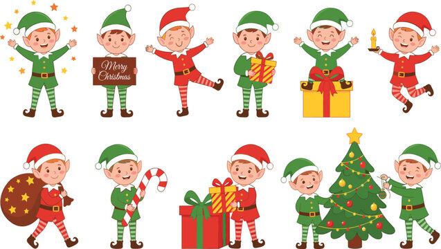 Cute Christmas elf characters set in various poses with gifts, candy canes, a Christmas tree, and festive elements on a white background