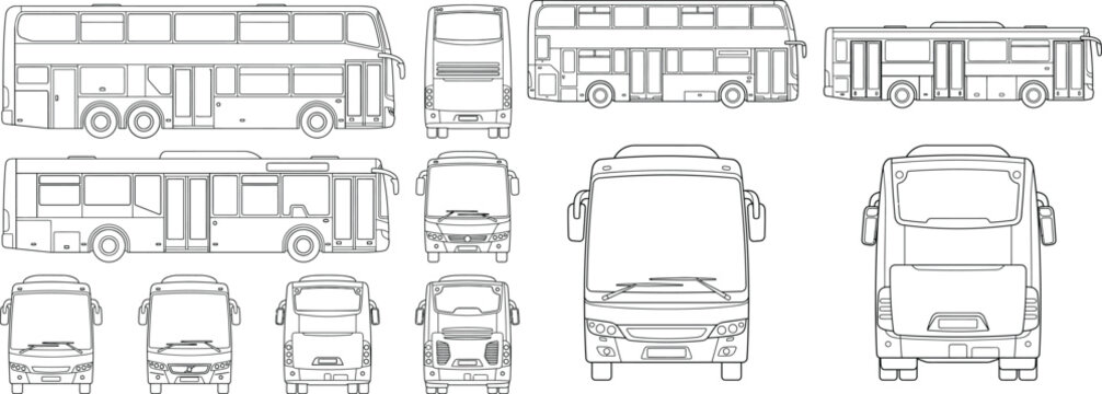 CAD bus vector set, architectural vehicle drawings, top side front and rear view buses and minibuses, AutoCAD transportation symbols for site plans, parking layouts and urban planning