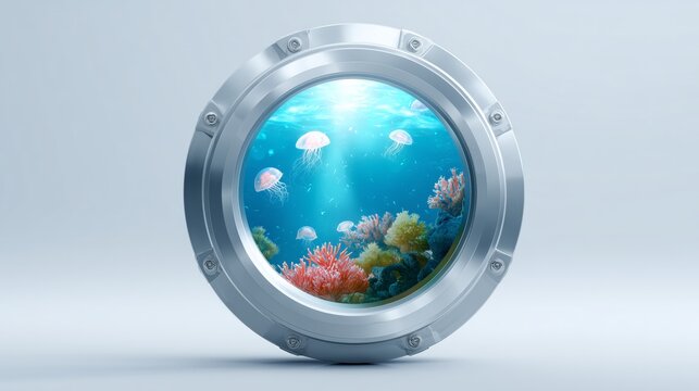 A vibrant underwater scene featuring jellyfish and coral viewed through a porthole in crystal clear ocean water