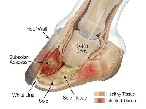 Equine hoof anatomy with subsolar abscess infection illustration veterinary infection hoofwall