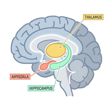 Human brain anatomy illustration highlighting limbic system structures with thalamus, amygdala
