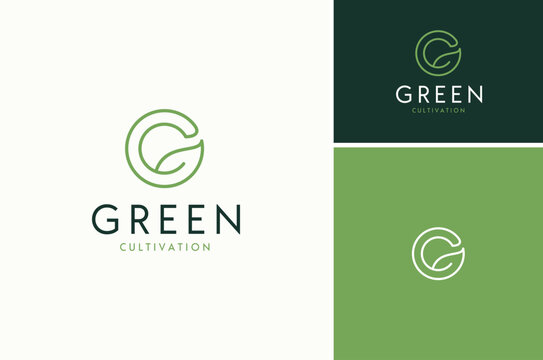 Circular Line Initial Letter G with Leaf for Green Garden Growth Simple logo design