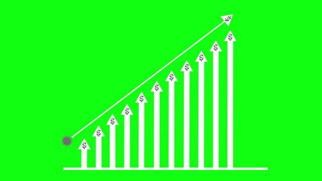 Ascending bar-arrow growth chart animation, Bar-chart arrows and an upward diagonal arrow from left to right, minimalist financial growth concept