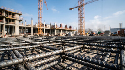 Fototapeta premium Construction site foreground focuses on steel rebar grid with background featuring concrete building structures and tall yellow industrial cranes under clear blue sky.