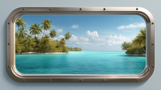 Breathtaking ocean vista framed by a porthole showcasing vibrant tropical islands and crystal clear waters