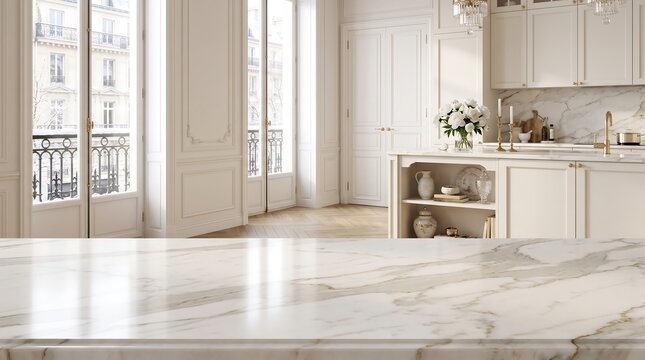 Luxury white marble countertop background in elegant French neoclassical kitchen for product mockup presentation scene
