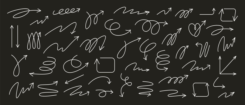 Set of thin white arrows drawn by hand, using white marker or chal in shapes of arcs, waves, loops, swirls, and circles on blackboard. Vector illustration on an isolated background.