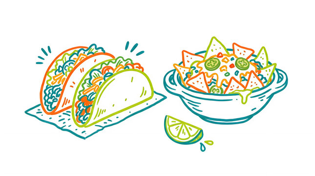 Neon Mexican Food Illustration with Tacos and Nachos