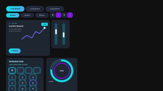 Futuristic dark UI dashboard elements, neon cyan and purple data visualization kit, modern app interface components for tech software