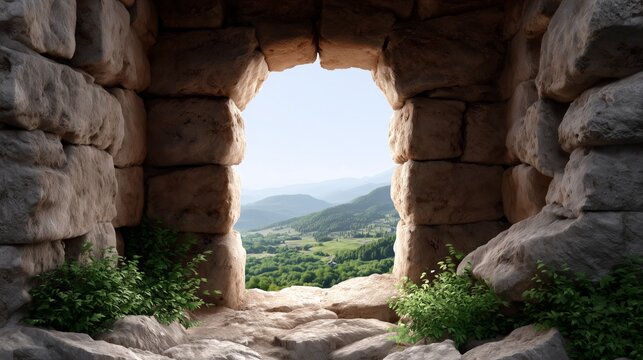 Breathtaking landscape seen through a historic stone window with vibrant green mountains and expansive valleys