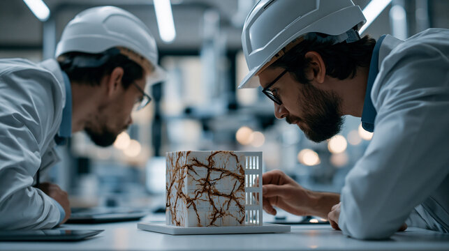 Two european engineers in hard hats shown from behind leaning over a miniature building model with a marked test crack pattern on a bright laboratory table clean white surfaces