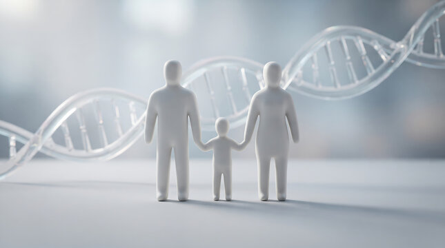 Minimalist white figures of mother father and child holding hands while standing in front of large glass DNA strand symbolizing family health and genetic connection.