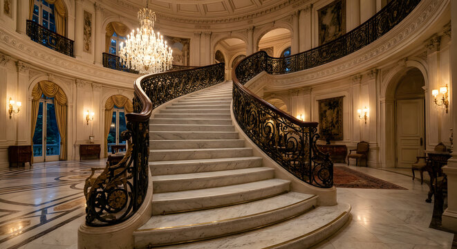 Luxury curved staircase with ornate wrought iron railing and marble steps in grand palatial rotunda