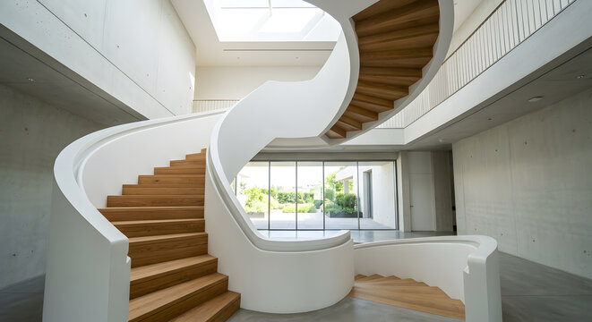 Modern sculptural spiral staircase with smooth curved white railing and wooden treads in concrete interior