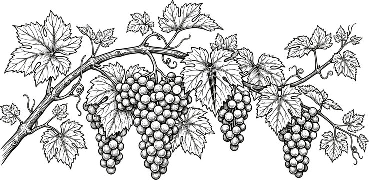 Vintage hand drawn engraving style vector illustration of a grapevine branch with ripe grape clusters isolated on white background