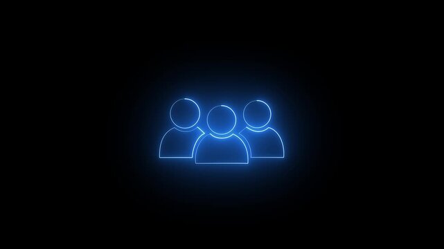 Three blue color man icon animated. Glowing neon person sign. Group people man icon glowing animation 4k video