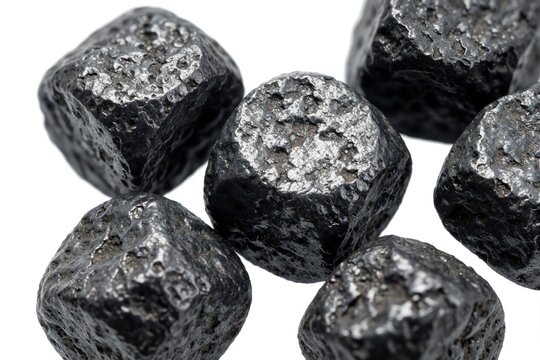 Group of raw iron ore pellets on white surface. Grey metallic industrial balls show rough texture with dark mineral surface. Round heavy metal nuggets represent mining production process of