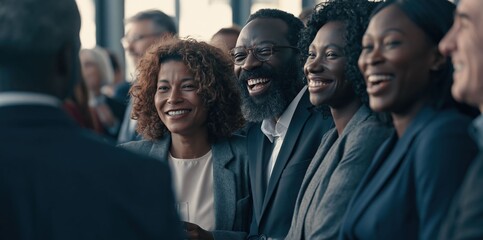 Obraz premium Businesspeople laugh together at a trade show, capturing a warm first impression, relaxed mood, and natural human connection.