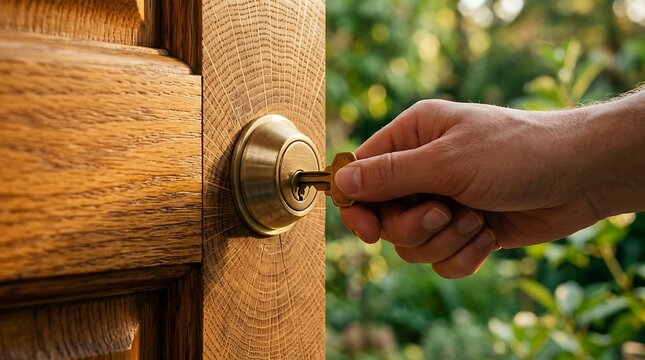 Un agente immobiliare apre la porta di una nuova casa con una chiave per mostrare la propriet&agrave; a un potenziale cliente