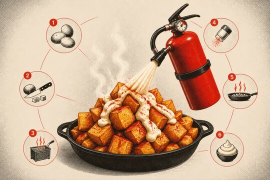 Spud Safety Crispy Potatoes in a Skillet with Fire Extinguisher Concept