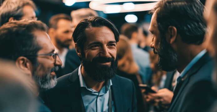 Businesspeople laugh together at a trade show, capturing a warm first impression, relaxed mood, and natural human connection.