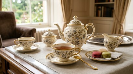 Fototapeta premium Elegant Porcelain Afternoon Tea Set with Macarons and Hot Beverage