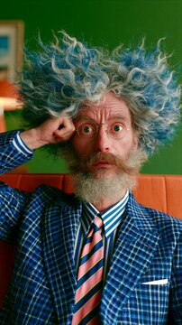 Eccentric Man with Wild Blue and Gray Curly Hair Beard and Round Glasses Portrait