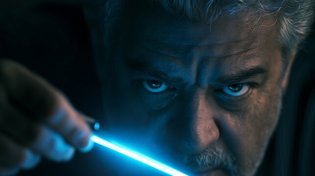 Prompt: A portrait of a focused physician. His surgical scalpel is made of a laser-thin, brilliant blue beam of pulsar radiation that lights up his intense eyes. Shot on Phase One XF IQ4, f/4.0, 