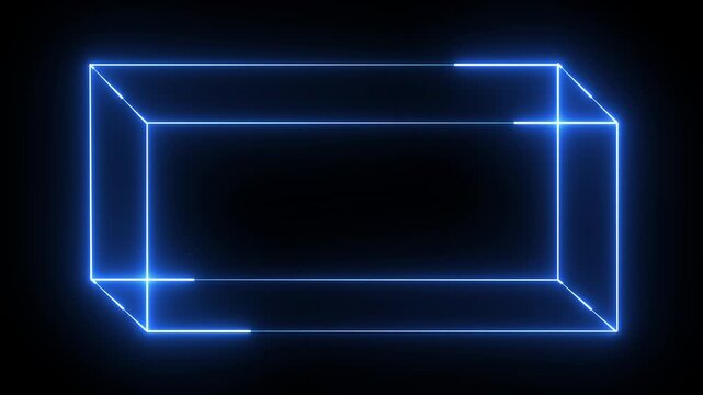 Glowing blue neon rectangular box frame on a dark black background