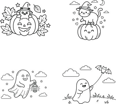 Cute halloween doodle set with ghosts cats and pumpkins for coloring book and festive design isolated on transparent background, Vector