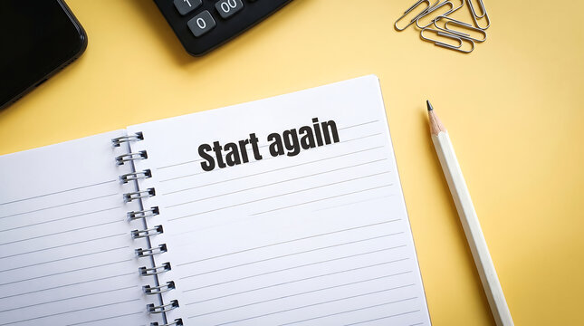 Open notebook with start again heading placed on desk with calculator and pencil notebook motivation planning business stationery strategy calculator inspiration