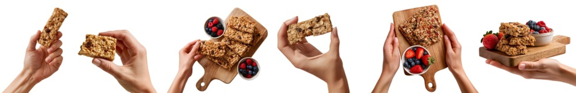 Set of hand holding Granola muesli bars, portable convenient snack with oats nuts seeds fruit sweetener, serving board with berries, pile stack bitten broken, transparent cutout PNG Mockup