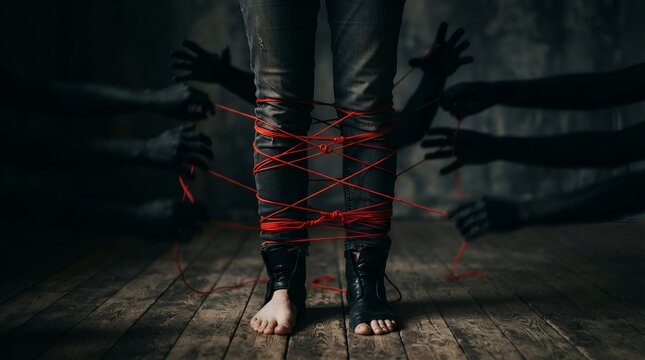 Person Tied with Red Rope Kidnapping Hostage Concept