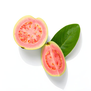 Ripe guava fruit with slice on white background