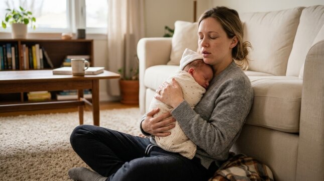 Exhausted mother holding a newborn baby, surrounded by playing children in a cluttered living room