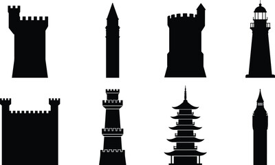 Obraz premium Tower and Castle Silhouette Set featuring Medieval Fortresses Lighthouse Pagoda and Clock Tower Elements